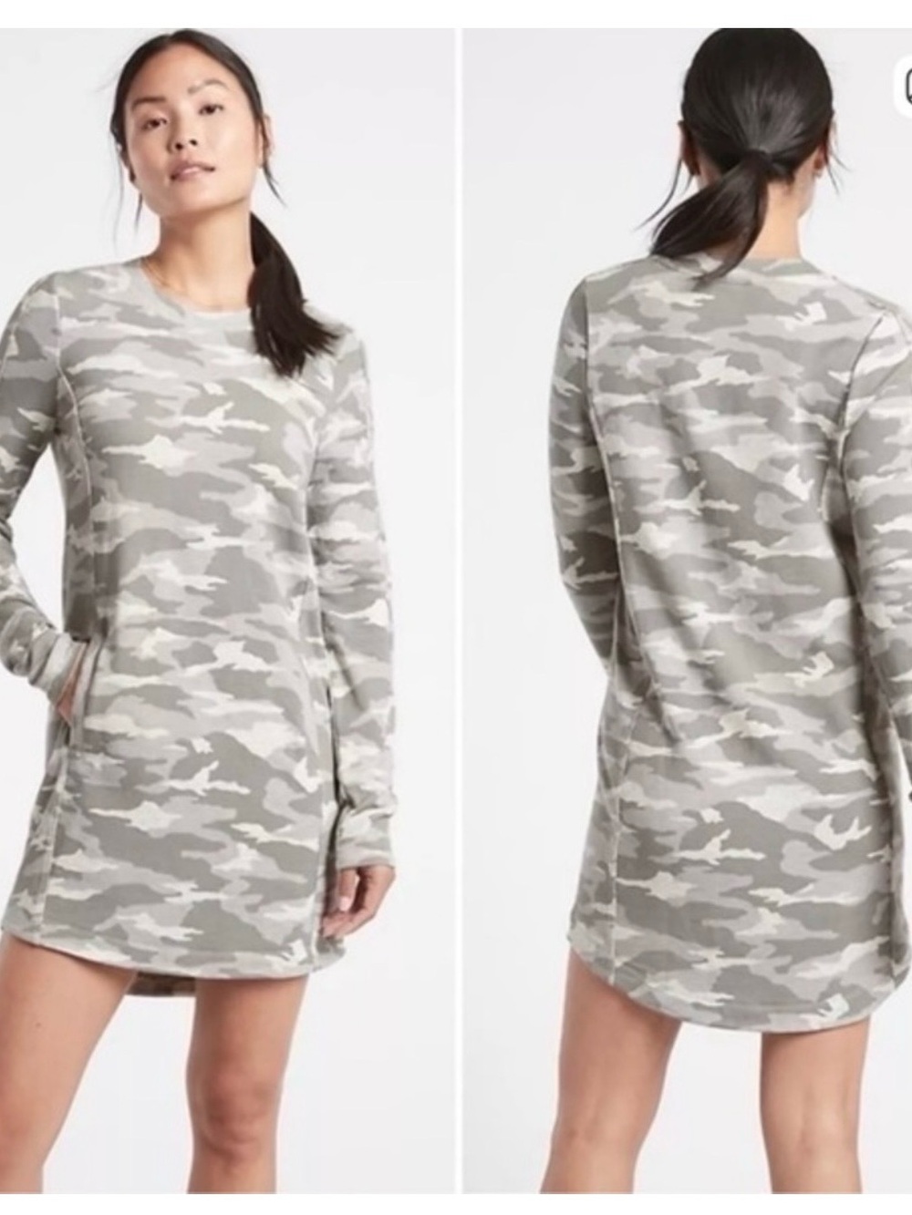 Athleta Balance Camo Luxe Light Gray Long Sleeve Sweatshirt Dress Tunic 2 XS